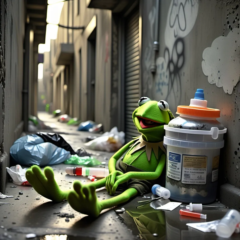 Prompt: (Kermit the Frog sleeping), syringe in his arm, a dismal alleyway, (gritty surroundings), soft light filtering through trash, expressively sad ambiance, muted colors, deep shadows enhancing the eerie atmosphere, detailed textures of concrete walls, desolate litter scattered, poignant silence of the scene, (emotional weight), ultra-detailed, high quality 4K image.