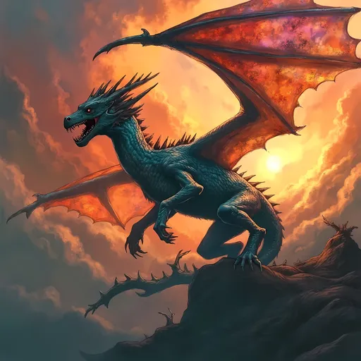 Prompt: (majestic dragon), vibrant scales with shimmering hues, intricate details and powerful wings, soaring through a dramatic sunset sky, creating a sense of awe, striking background with swirling clouds, richly saturated colors, ultra-detailed, mythic atmosphere, high-quality, cinematic ambiance, impressive artwork suitable for epic fantasy themes.