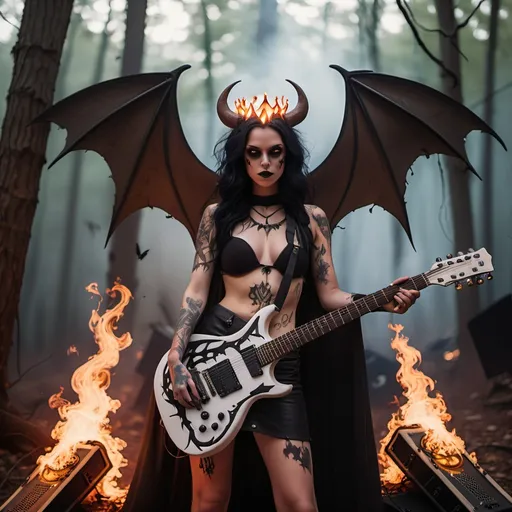 Prompt: Horned goddess, glowing hazel eyes, crown of fire, bat wings, glowing tattoos, piercings, tattered clothing. Destroyed cape, on a stage in a forest playing a guitar made of flesh and bone. Giant amplifiers fire surrounding the stage.