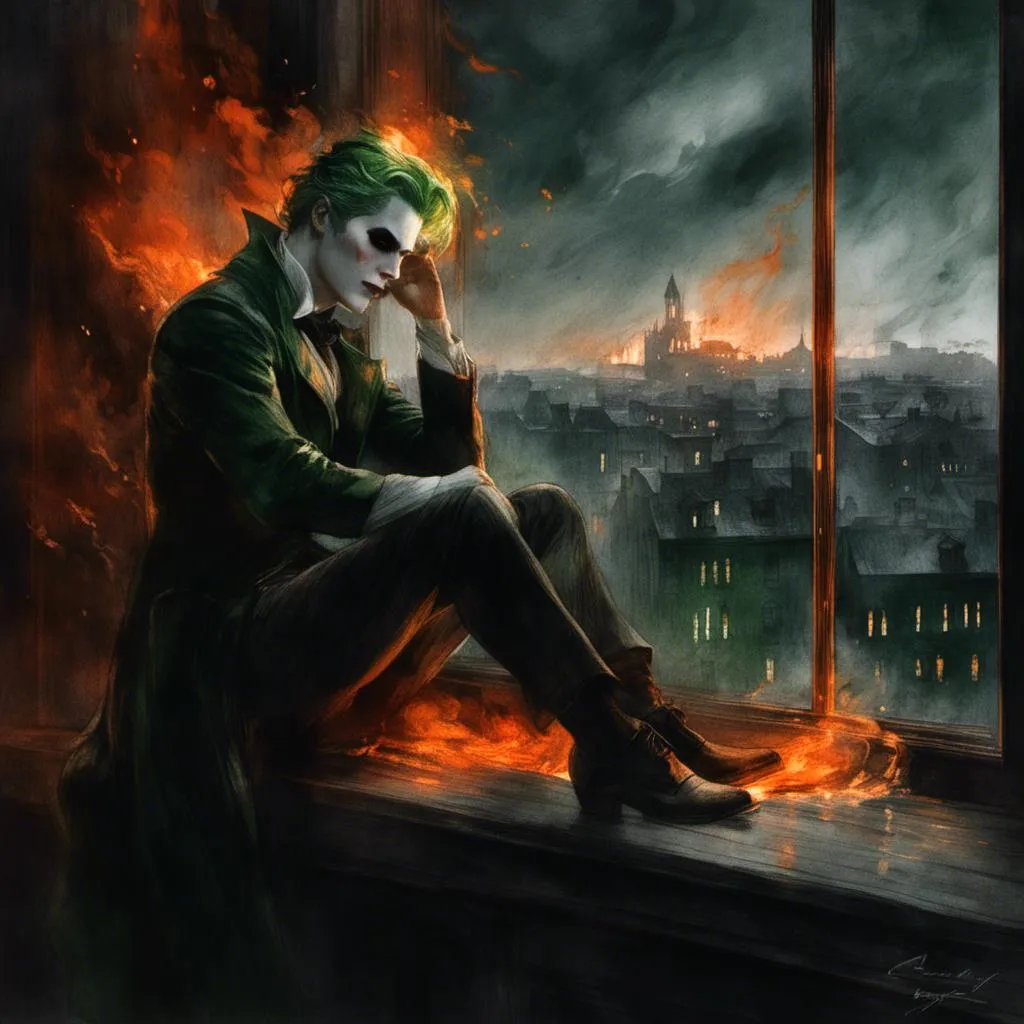 Prompt: <mymodel>(mymodel) joker from (DC Batman) white makeup, green hair. perched on a window, gazing into a fiery cityscape, flames illuminated against a dark sky, dramatic tones, vivid reds and oranges, smoke swirling in the air, high detail, moody atmosphere, urban environment, nighttime, powerful contrast, cinematic lighting, ultra-detailed, surreal and intense emotional vibe.