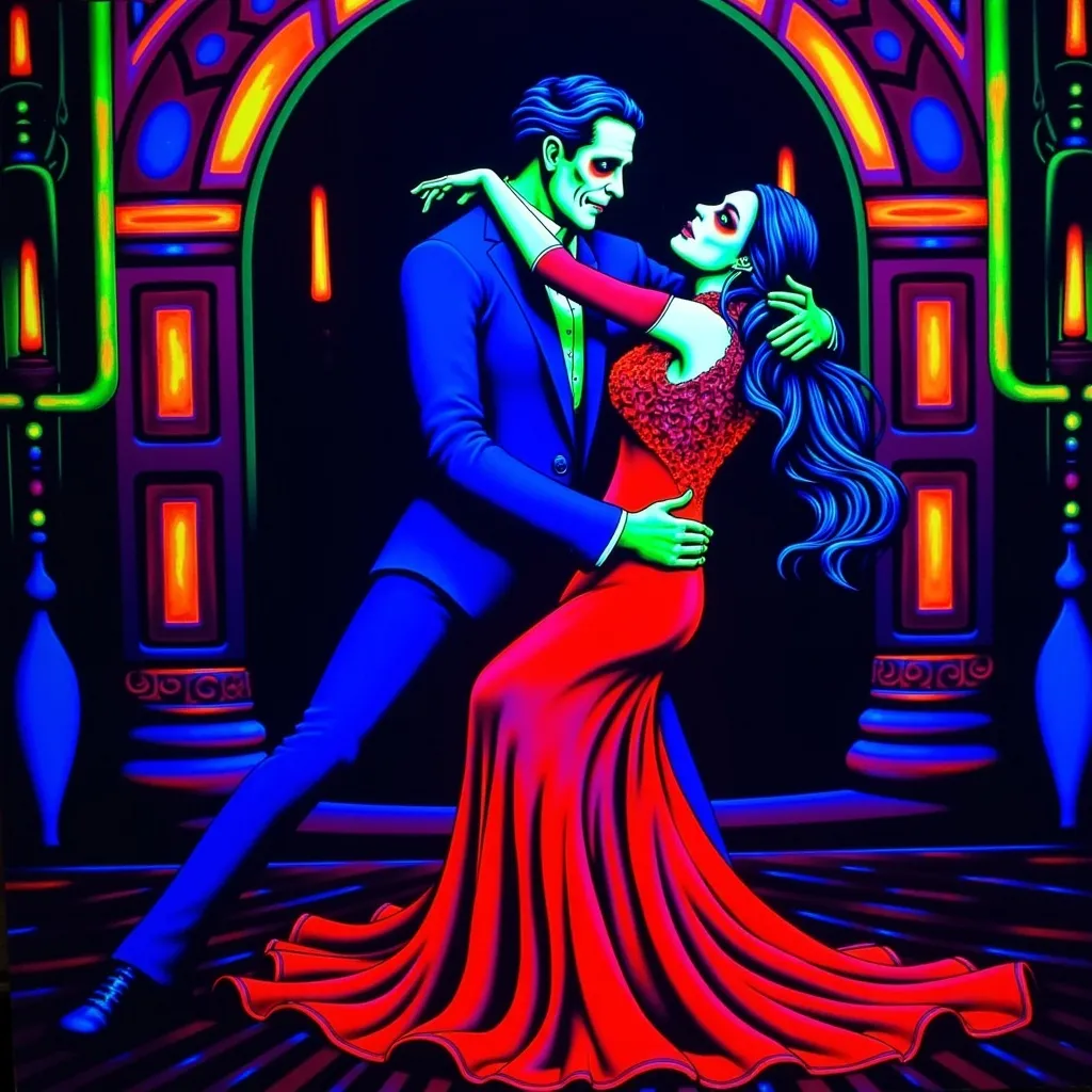 Prompt: (Día de los Muertos couple dancing), elegant red dress, sophisticated blue suit, dynamic pose, vivid detailed expressions, (black light art), glowing neon colors against dark backdrop, atmospheric Victorian setting with ornate decor, high contrast and striking illumination, (ultra-detailed), graceful movement, mesmerizing and enchanting ambiance reminiscent of a ballroom dance experience.