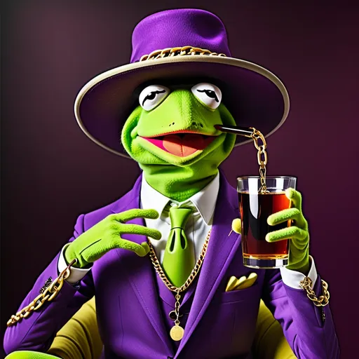 Prompt: Kermit the frog wearing a purple suit wide brim purple hat’s. Gold chain. Drinking Hennessy. 