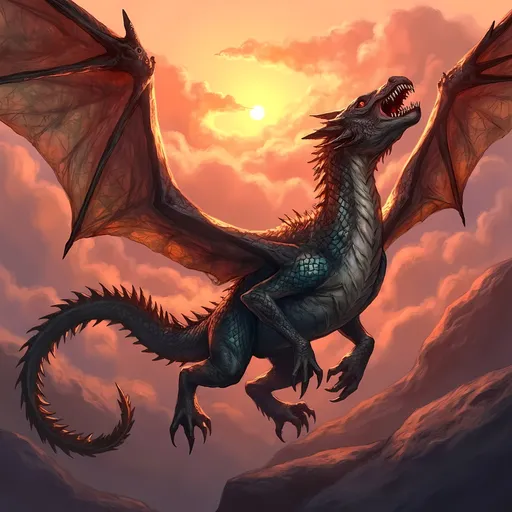 Prompt: (majestic dragon), vibrant scales with shimmering hues, intricate details and powerful wings, soaring through a dramatic sunset sky, creating a sense of awe, striking background with swirling clouds, richly saturated colors, ultra-detailed, mythic atmosphere, high-quality, cinematic ambiance, impressive artwork suitable for epic fantasy themes.