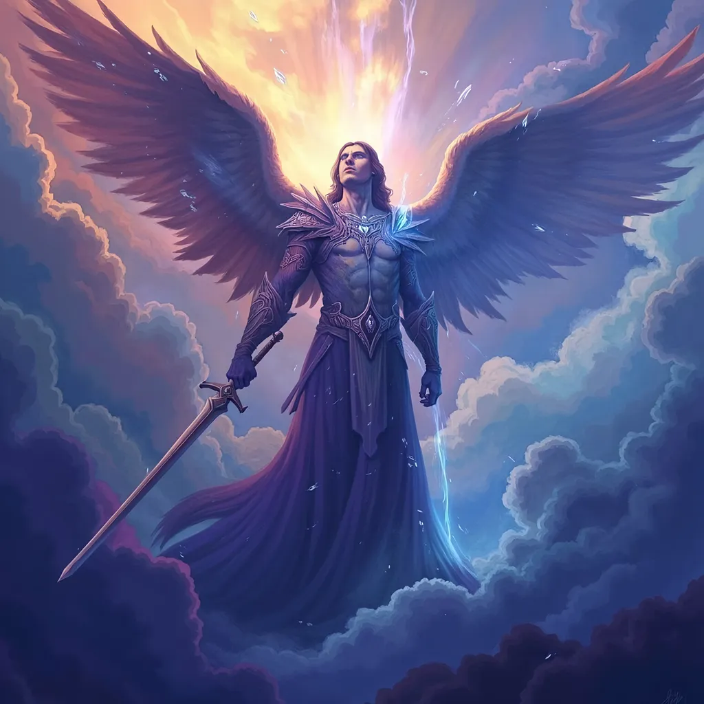 Prompt: Saint Michael the Archangel, (majestic stance), clad in resplendent armor, wielding a gleaming sword, surrounded by ethereal light, powerful wings unfurled, dramatic clouds behind him, (celestial aura), radiant colors with vivid contrasts, uplifting atmosphere, conveying strength and protection, ultra-detailed, high quality, 4K resolution, dynamic and inspiring ambiance. Masterpiece quality, anatomically accurate.