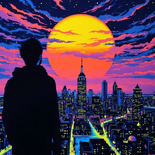 Prompt: Dark silhouette of a man facing a city. In the sky, clear and readable text says 'Finding love in a hopeless place,' black light art style with glowing, ethereal neon effects. The background shows a calm sun, with soft, warm colors fading into darker tones, creating a peaceful yet haunting atmosphere over the city.