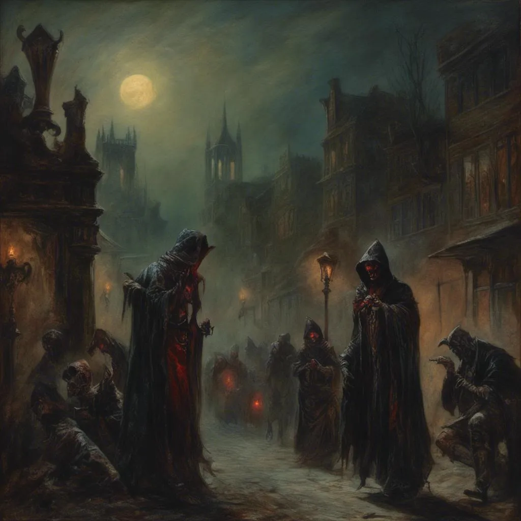 Prompt: <mymodel> ethereal, dream like, masterpiece quality, high definition, focused detail, anatomically correct hands and fingers. Vampire long flowing robes, piercing red glowing eyes, walking in a street of a desolate Victorian style city. Dark atmosphere, misty, low visibility, mysterious shadows, moonlit.