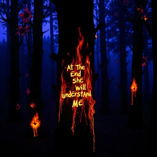 Prompt: (accurately spelled text “At the end she will understand me." Burned on a tree) burning forest