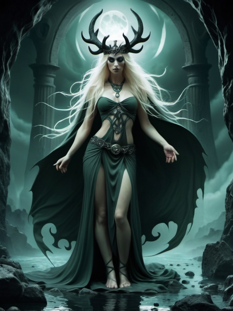 Prompt: Norse goddess Hel. Underworld setting. Mythical