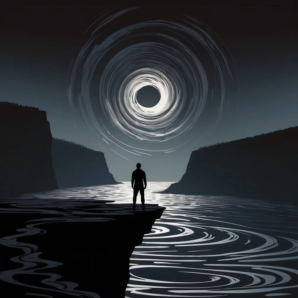 Prompt: Dark silhouette of a person standing on a cliff staring down at a whirlpool into another dimension