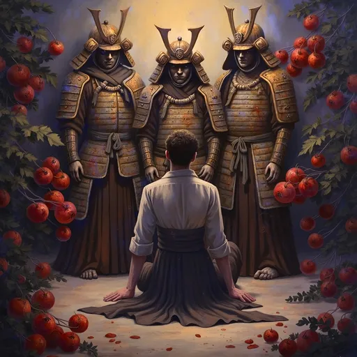 Prompt: Man (kneeling) reverently in front of detailed samurai armor, classic texture and intricate patterns, dimly lit atmosphere, warm tones highlighting the bronze and dark wood, symbolic respect and valor, ancient Japanese cultural setting, soft shadows defining the contours, (ultra-detailed) and (masterpiece quality) elements surrounding the scene. Captivating ambiance of honor and tradition.