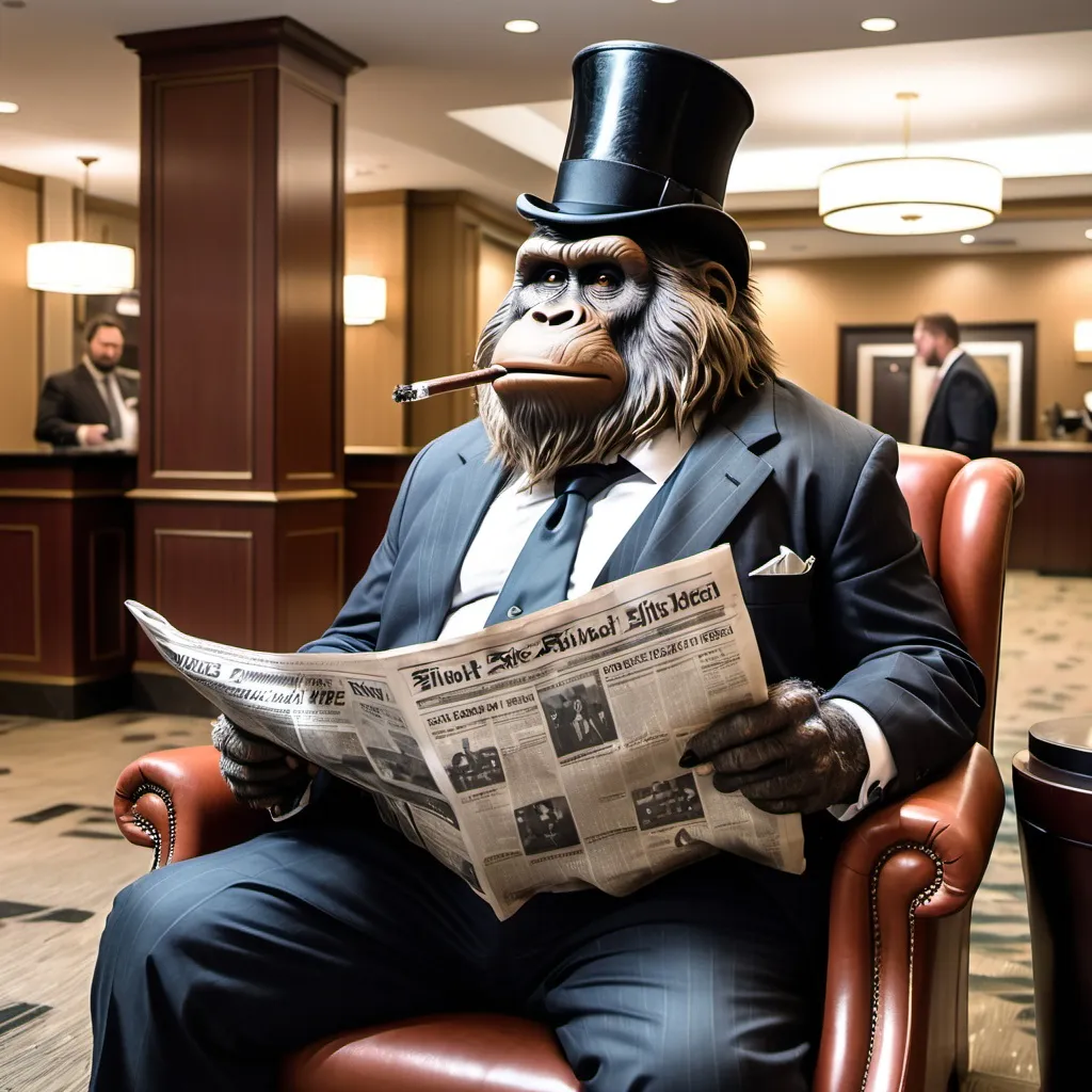 Prompt: Big foot in a hotel lobby sitting reading a news paper smoking a pipe. Dressed in a suit wearing a top hat.