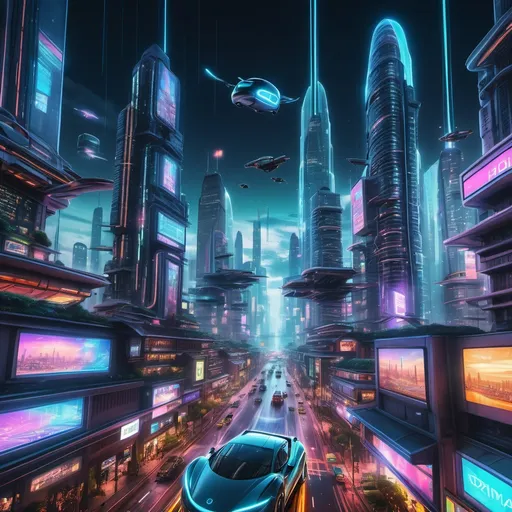 Prompt: A futuristic cityscape at night, with towering skyscrapers lit by neon lights, flying cars zooming between the buildings, and a glowing digital grid running through the streets. In the sky, holographic advertisements project onto the clouds, and the city is surrounded by vast, shimmering energy fields. The scene feels vibrant, bustling with technology, with hints of nature integrated, like trees growing on building terraces and vines crawling up the sides of glass structures.