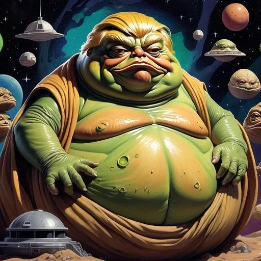 Prompt: (Donald Trump as Jabba the Hutt), satirical interpretation featuring exaggerated facial features, vibrant textures, gleaming slime, and dramatic shadows, humorous ambiance, detailed background of a starry space setting, intricate design elements incorporating sly political references, high-quality illustration, bright colors, dynamic and engaging composition, humorous undertones.