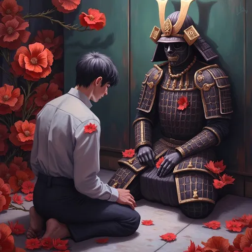 Prompt: Man (kneeling) reverently in front of detailed samurai armor, classic texture and intricate patterns, dimly lit atmosphere, warm tones highlighting the bronze and dark wood, symbolic respect and valor, ancient Japanese cultural setting, soft shadows defining the contours, (ultra-detailed) and (masterpiece quality) elements surrounding the scene. Captivating ambiance of honor and tradition.