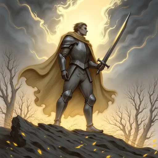 Prompt: A (valiant knight), clad in ornate armor reflecting the gleam of sunlight, wielding a gleaming sword, standing tall on a rugged terrain, dramatic clouds overhead, surrounded by the whisper of ancient trees, embodying bravery and strength, in a fantasy realm, high quality, ultra-detailed, atmospheric ambiance evokes heroism, warm golden and cool gray tones entwined.