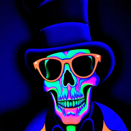 Prompt: Baron Samedi (black light art), depicted with a top hat, black tail coat, dark glasses, and cotton plugs in the nostrils, as if to resemble a corpse dressed and prepared for burial in the Haitian style. depicted as a skeleton (but sometimes as a black man that merely has his face painted as a skull