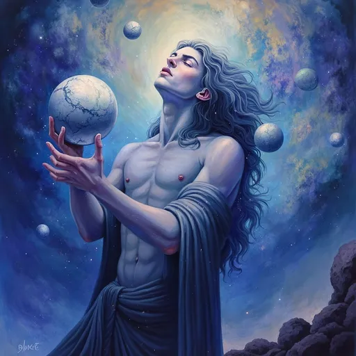 Prompt: Atlas holding celestial spheres, (majestic figure), a powerful backdrop of swirling night skies and star constellations, ethereal glow surrounding his form, deep cosmic blues and vibrant silvers, (divine energies radiating), grandeur atmosphere, (ultra-detailed), intricate celestial patterns, a sense of awe and wonder, representing the theme of astronomy and guardianship over the heavens.