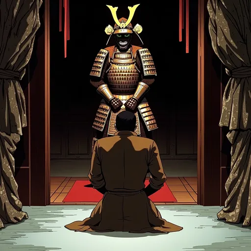 Prompt: Man (kneeling) reverently in front of detailed samurai armor, classic texture and intricate patterns, dimly lit atmosphere, warm tones highlighting the bronze and dark wood, symbolic respect and valor, ancient Japanese cultural setting, soft shadows defining the contours, (ultra-detailed) and (masterpiece quality) elements surrounding the scene. Captivating ambiance of honor and tradition.