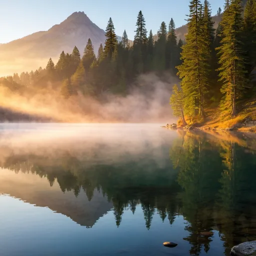 Prompt: A serene mountain lake at sunrise with mist rising from the water and trees reflecting on the surface.