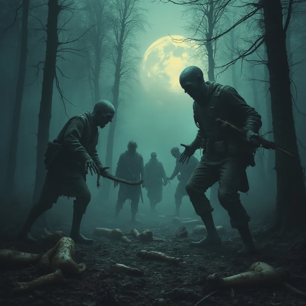 Prompt: Army of ghouls, phantoms, monsters, demons roaming. Dark forest, moonlit, deep fog, mythical forest. Men soldiers being ripped apart, blood and gore. Limbs strewn across the forest.