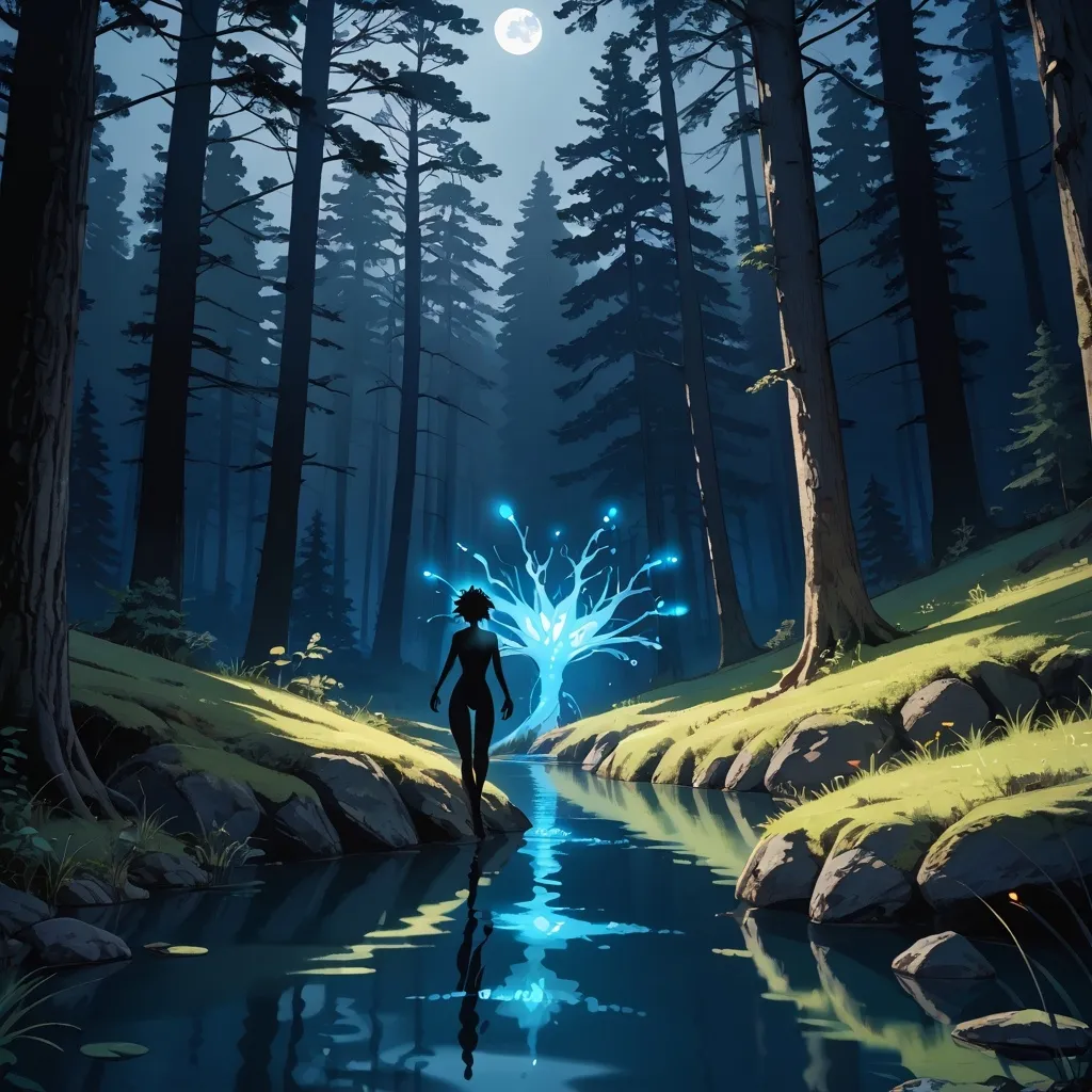 Prompt: Dark silhouette of woman swimming in a misty lake. In a mythical forest, glowing water, glowing vegetation and trees.