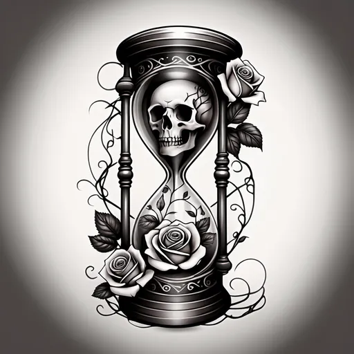 Prompt: Hour glass with rose vines wrapped around the middle. Accurate text: Memento Mori. Tattoo black ink under the wrist