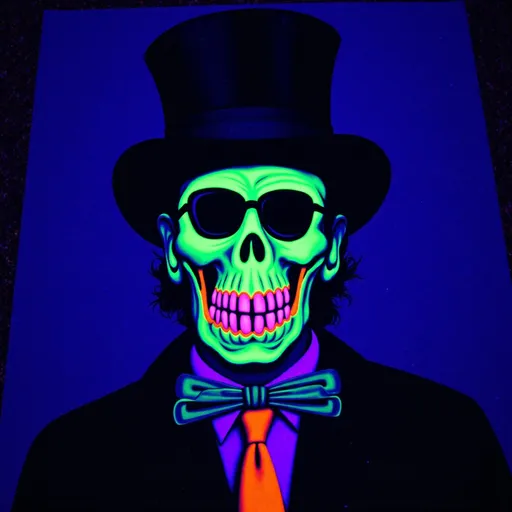 Prompt: Baron Samedi (black light art), depicted with a top hat, black tail coat, dark glasses, and cotton plugs in the nostrils, as if to resemble a corpse dressed and prepared for burial in the Haitian style. depicted as a skeleton (but sometimes as a black man that merely has his face painted as a skull