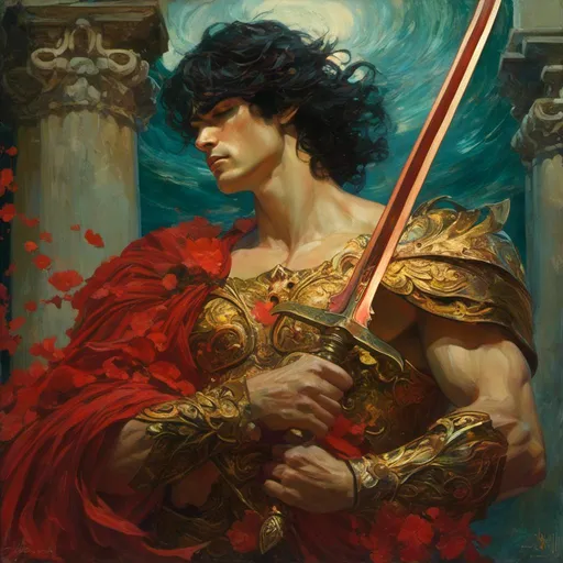 Prompt: <mymodel> Poseidon (God of the seas), portrayed with intense and striking features, muscular physique, wearing ornate armor, holding a glistening sword, fierce expression, passionate and powerful stance, (dramatic lighting), (epic background of ancient ruins), (highly detailed), (mythological ambiance), vibrant colors of red and gold, evoking feelings of strength and valor, 4K resolution, ultra-detailed.