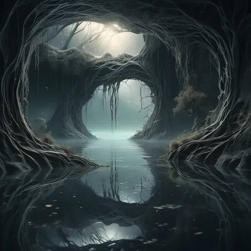 Prompt: (phrase “Dark hollow dead world desolate”), ethereal atmosphere, melancholic, mystical scenery, dreamlike landscape, soft (mute colors), intricate details, surreal elements, reflections on water, faded memories, enchanting light rays, wavy contours, sense of longing and isolation, high resolution, ultra-detailed composition.