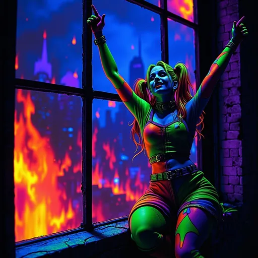 Prompt: Harley Quinn from (DC Batman). perched on a window, hands in the air in triumph, gazing into a fiery cityscape, flames illuminated against a dark sky, dramatic tones, vivid reds and oranges, smoke swirling in the air, high detail, moody atmosphere, urban environment, nighttime, powerful contrast, cinematic lighting, ultra-detailed, surreal and intense emotional vibe.(Black light art)