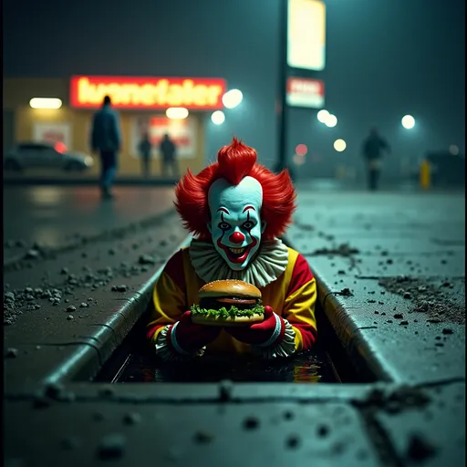 Prompt: (cropped image) McDonald's clown, holding a burger, hiding in a sidewalk gutter storm drain, eerie atmosphere, low resolution, grainy texture, retro vibes, dramatic shadows, unsettling mood, background obscured in darkness, captivating mystery, vintage film-like quality, dimly lit scene, hints of bright colors from the clown’s outfit contrasting with the gloom. Banner with accurate text: have it your way.