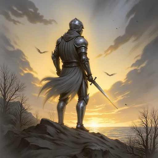 Prompt: A (valiant knight), clad in ornate armor reflecting the gleam of sunlight, wielding a gleaming sword, standing tall on a rugged terrain, dramatic clouds overhead, surrounded by the whisper of ancient trees, embodying bravery and strength, in a fantasy realm, high quality, ultra-detailed, atmospheric ambiance evokes heroism, warm golden and cool gray tones entwined.