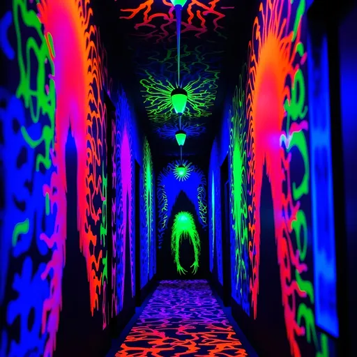 Prompt: Creature in a dimly lit (black light) hallway, eerie atmosphere, glowing details, high contrast colors, haunting presence, surreal shadows, dark edges, mysterious ambiance, intricate designs on walls, possibly abstract art, narrow perspective, (ultra-detailed) 4K resolution, gripping tone, unsettling feel, cinematic quality.