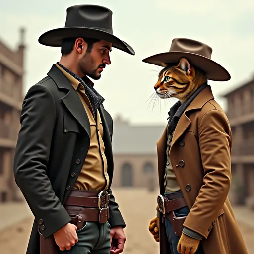 Prompt: High noon stand off between a man and a humanoid cat both dressed in old western clothing big hats coats and wearing gun belts with revolvers