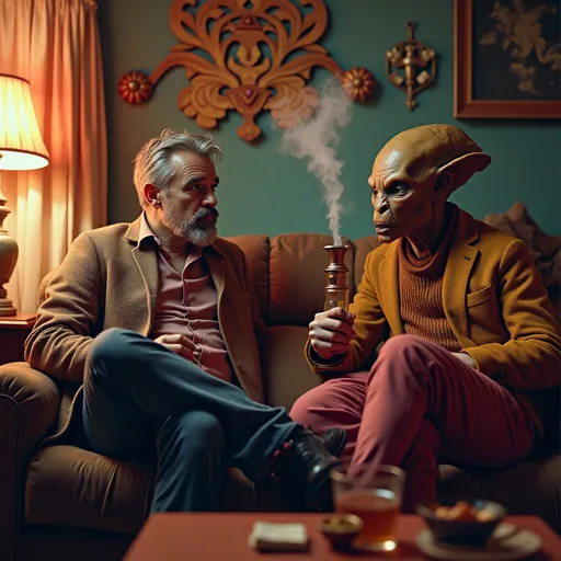 Prompt: man sitting on a couch next to an alien smoking a bong, (ahistorical and fantastical scene), vibrant colors, whimsical vibe, cozy atmosphere, detailed couch upholstery, side table with snacks and drinks, curious expression on the man's face, individualistic style of the alien, warm ambient lighting, surreal twist, ultra-detailed, 4K resolution