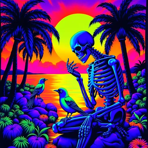 Prompt: (accurately spelled text "Memento Mori / Memento Viviere"), intricately detailed skeleton, deeply contemplative pose, surrounded by vibrant birds, lush palm trees framing the scene, stunning sunset casting warm golden and rich purple hues, serene yet thought making ambiance, soft, cinematic lighting, ultra-detailed, high-resolution, capturing the juxtaposition of life and death.