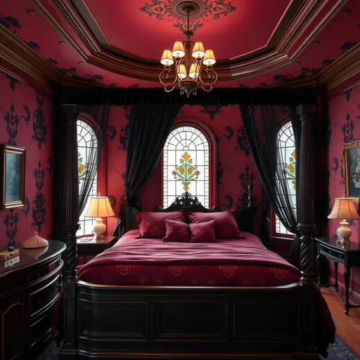 Prompt: Victorian style master bedroom. Dark purple back ground wall paper with black floral design on all the walls. Maroon colored ceiling, maroon colored blanket. Dark wood bed frame. Black bed canopy, black curtains. Intricate floral designed stained glass.