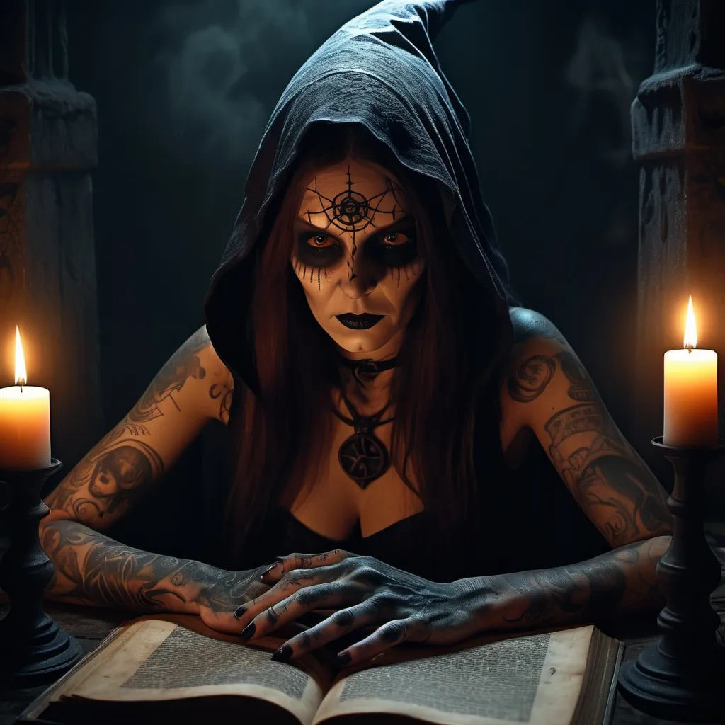 Prompt: (the necronomicon), (horror theme), enigmatic witch with glowing tattoos, shadowy surroundings, eerie and dark ambiance, ghostly mist enveloping ancient tomes, candlelight flickering ominously, intricate and mysterious symbols etched into skin, haunting gaze, ultra-detailed and immersive, chilling yet captivating, 4K resolution, evocative and foreboding.