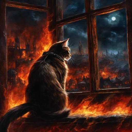 Prompt: <mymodel>(mymodel) cat perched on a window, gazing into a fiery cityscape, flames illuminated against a dark sky, dramatic tones, vivid reds and oranges, smoke swirling in the air, high detail, moody atmosphere, urban environment, nighttime, powerful contrast, cinematic lighting, ultra-detailed, surreal and intense emotional vibe.