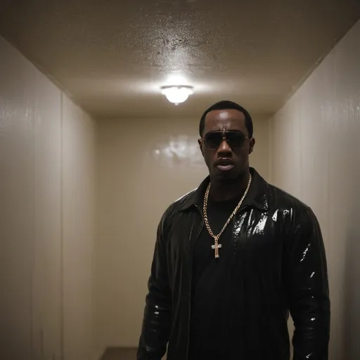 Prompt: Horror theme Sean "Diddy" Combs. Dark hallway blurry vision. Baby oil dripping from ceiling.