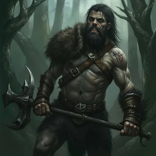 Prompt: barbarian holding a two-handed axe, (muscular and fierce expression), strong physique, wild hair and beard, leather armor with fur and rugged details, antique battle scars on skin, (dramatic posture), forest backdrop with ancient trees, shafts of sunlight piercing through foliage, atmospheric and action-packed mood, (dynamic composition), ultra-detailed, high-quality 4K resolution.