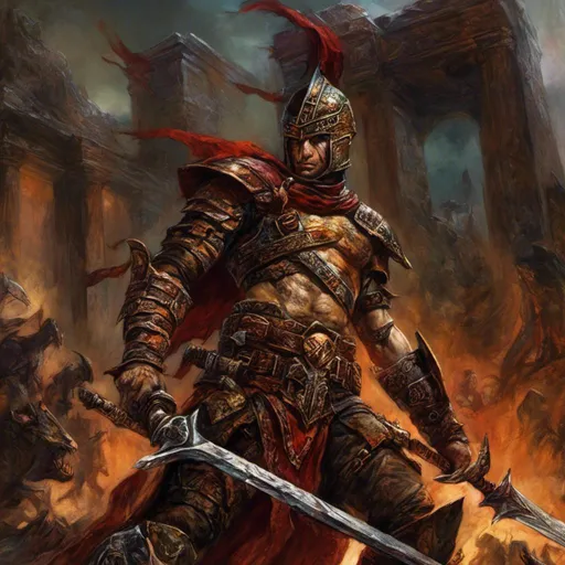 Prompt: <mymodel>Ares (Greek god of war), portrayed with intense and striking features, muscular physique, wearing ornate armor, holding a glistening sword, fierce expression, passionate and powerful stance, (dramatic lighting), (epic background of ancient ruins), (highly detailed), (mythological ambiance), vibrant colors of red and gold, evoking feelings of strength and valor, 4K resolution, ultra-detailed.