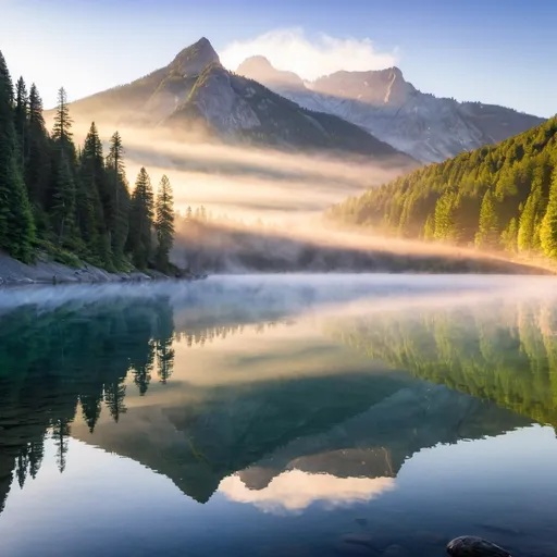 Prompt: A serene mountain lake at sunrise with mist rising from the water and trees reflecting on the surface.