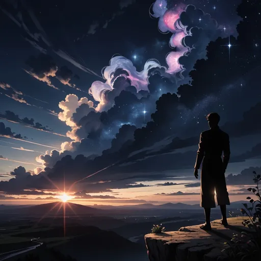 Prompt: Dark atmospheric landscape, (ethereal) misty scene, low visibility, (dramatic black silhouette) of a man standing on a cliff, gazing at (heavenly clouds) in the distance, moody lighting, twilight colors blending softly, rich contrast between the silhouette and the clouds, (highly detailed), inviting a sense of wonder and solitude, captivating the mysterious essence of the moment.