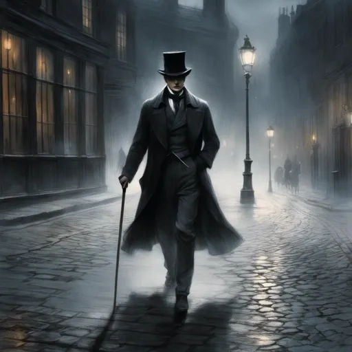 Prompt: <mymodel>(mymodel) man wearing top hat and wielding a cane and a knife, walking through old London streets, dark and mysterious atmosphere, moonlit night casting soft silvery light, cobblestone pathways reflecting faint glow, smoky fog swirling around historic buildings, dramatic shadows, high quality, cinematic depth, enchanting and eerie mood, capturing the essence of Victorian elegance.