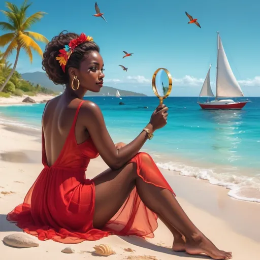 Prompt: Beautiful woman, (dark skinned), (red sheer dress), sitting on a beach, (looking through a magnifying glass), (clear turquoise waters), Caribbean Sea, (sailboats in the distance), (colorful fishes swimming), (exotic birds in vibrant plumage), soft golden sand, warm sunlight casting gentle shadows, breezy atmosphere, serene and tranquil vibes, ultra-detailed, vibrant colors, 4K quality.