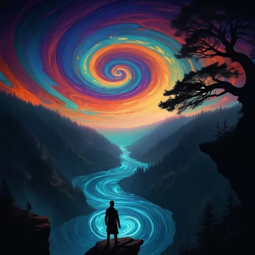 Prompt: Dark silhouette of a person standing on a cliff staring down at a whirlpool into another world mythical forest.