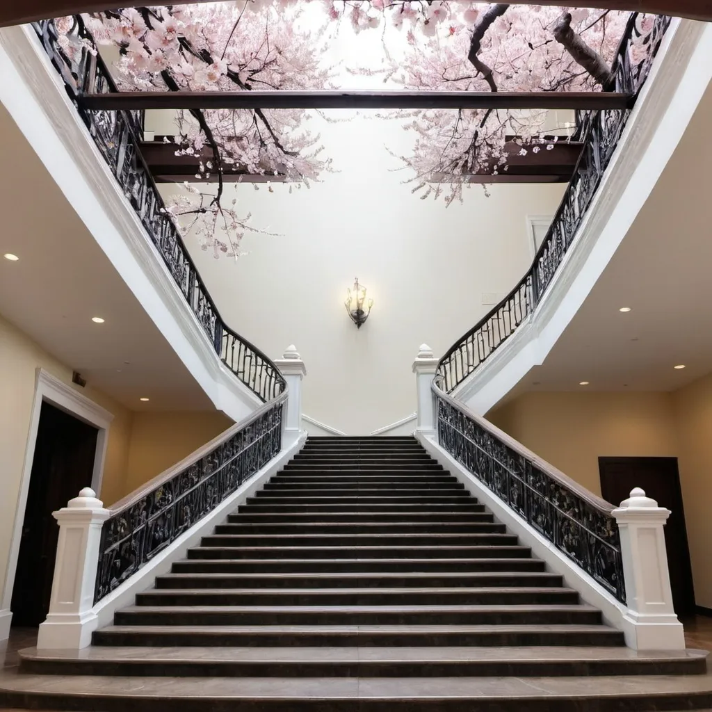 Prompt: Grand dual stair case with a cherry blossom in the center.