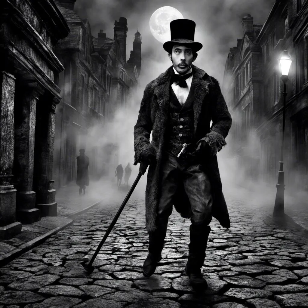 Prompt: <mymodel>(mymodel) man wearing top hat and wielding a cane and a knife, walking through old London streets, dark and mysterious atmosphere, moonlit night casting soft silvery light, cobblestone pathways reflecting faint glow, smoky fog swirling around historic buildings, dramatic shadows, high quality, cinematic depth, enchanting and eerie mood, capturing the essence of Victorian elegance.