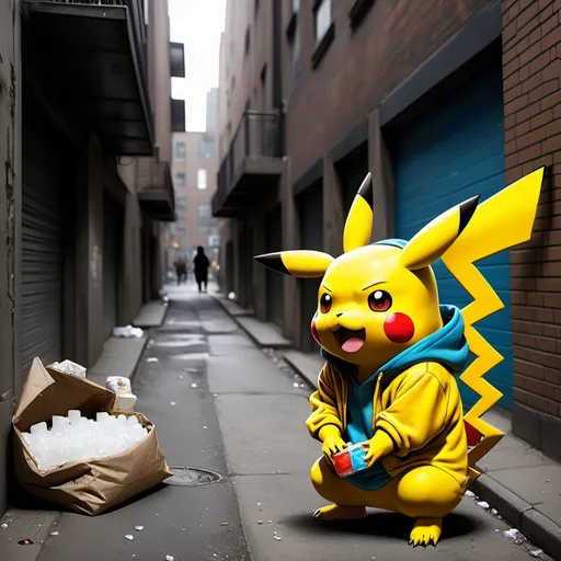 Prompt: Pikachu in an urban alleyway wearing a hoodie selling sugar to a mob of homeless people.